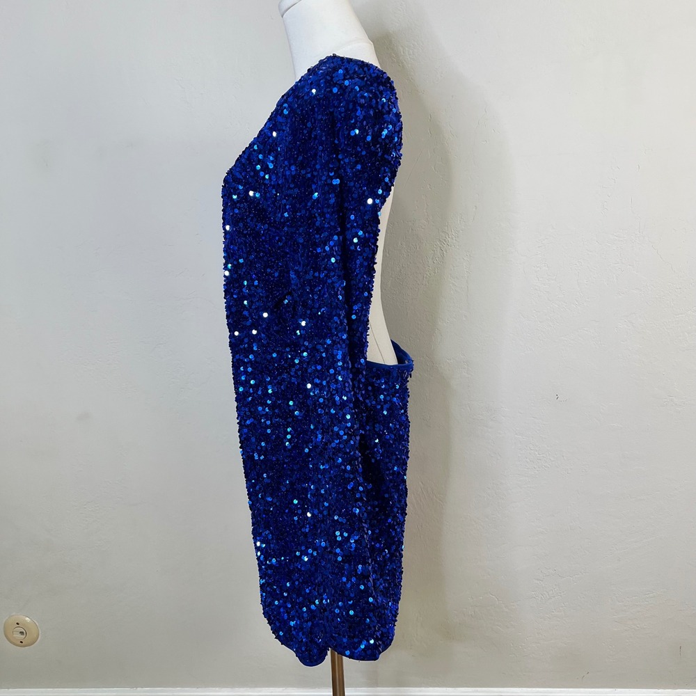 Lulus Blue Allover Sequin Open Back Long Sleeve Mini Dress Cocktail Party XL NWT - Picture 3 of 8